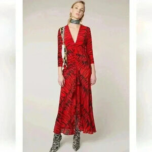 Rixo Adriana Zebra Striped Animal Print Red Black Silk Maxi Dress Size Small